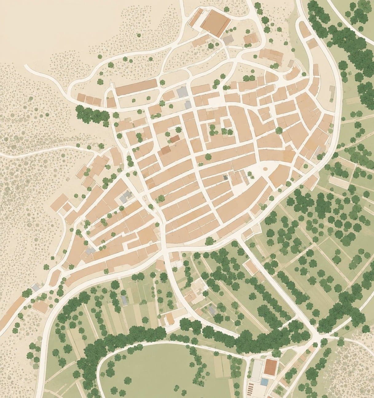 Plano ilustrado de Casas Bajas, con sus calles, huertas y alrededores