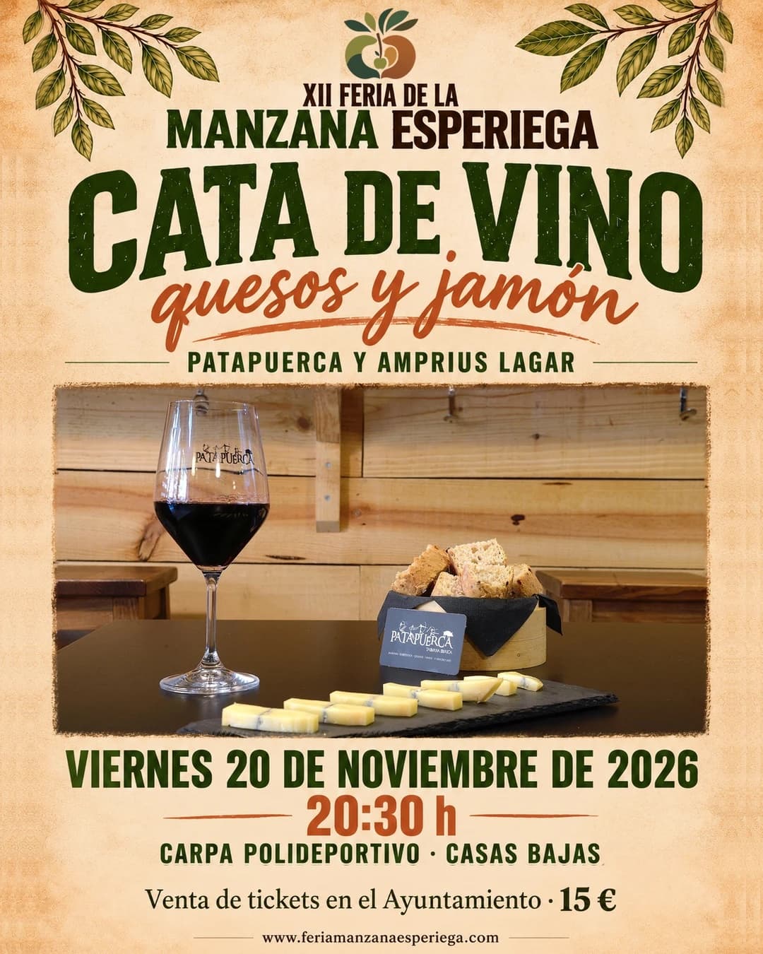 Cartel de la cata de vino, quesos y jamón de la XII Feria de la Manzana Esperiega: viernes 20 de noviembre a las 20:30 h, carpa del Polideportivo de Casas Bajas, 15 €