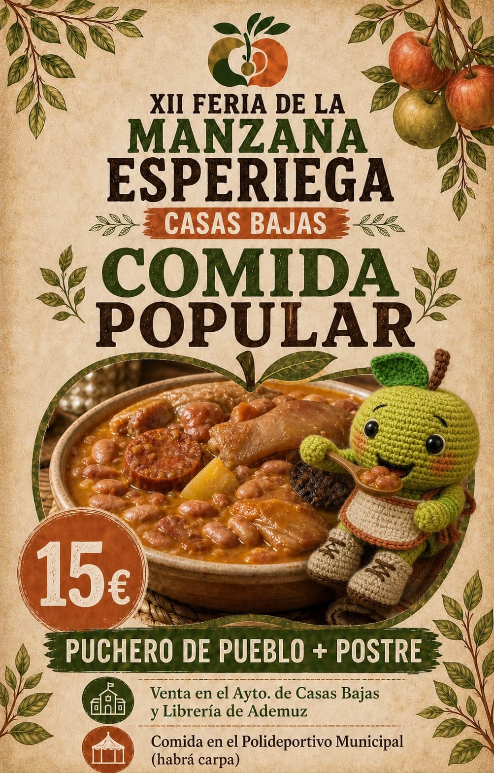Cartel de la comida popular de la XII Feria de la Manzana Esperiega: puchero de pueblo y postre, 15 €